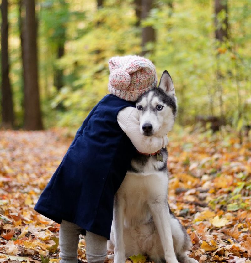 A little girl hugging her dog